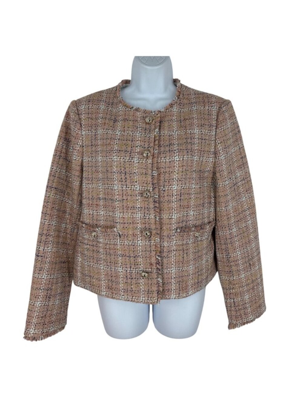 Loft Pink Plaid Tweed Frayed Edge Button Front Jacket Womens Size M